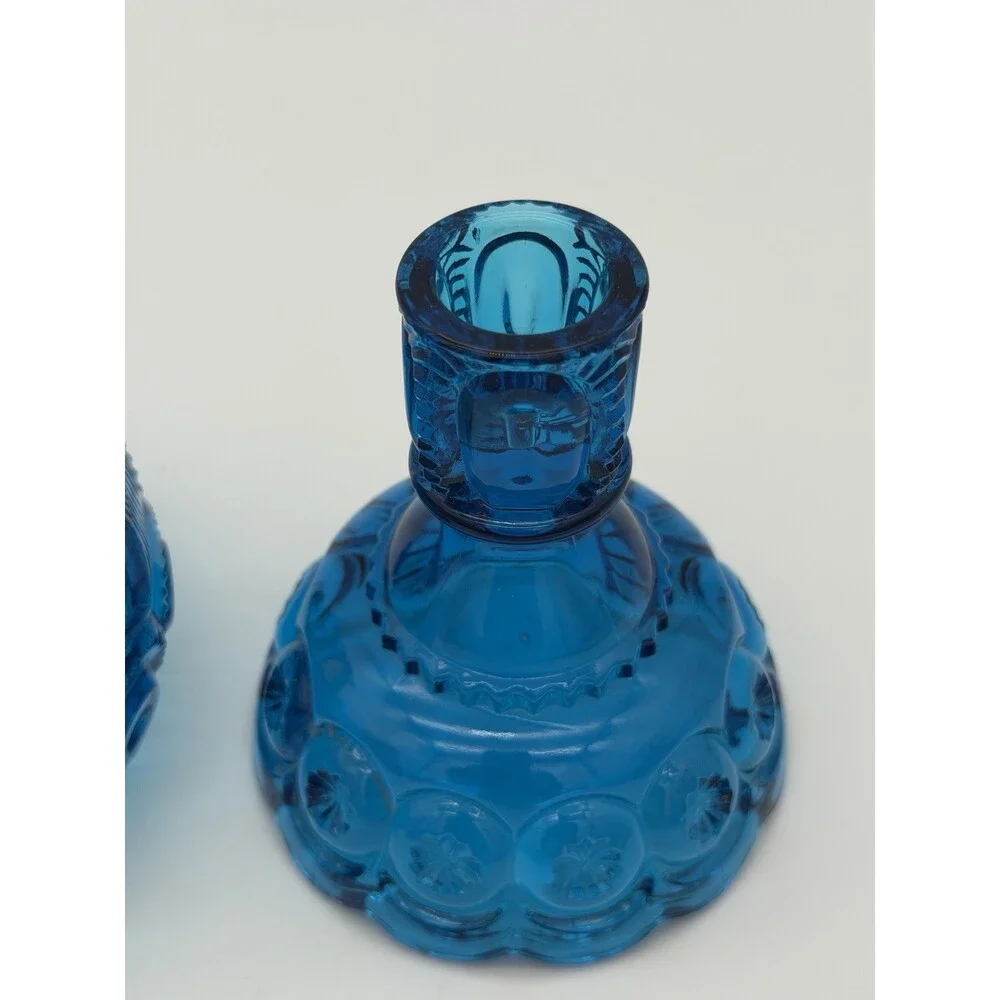 MCM LE Smith Moon & Stars Art glass basket & Candleholder colonial blue Set